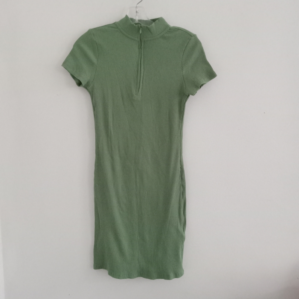 Cotton On Green Ribbed Mock Y2K Zipper Mini Dress
